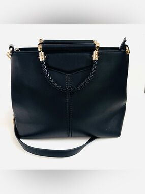 Miztique Black Structured Vegan Leather Tote Bag Braided Handle